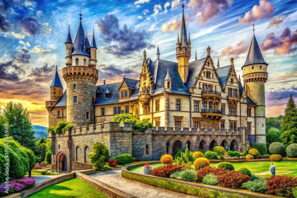 Obraz premium Detailed Castle Drawing Showcasing Architectural Elements and Historical Design in Fine Illustration Style