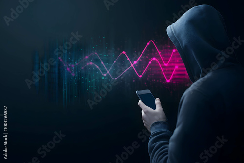 AI voice cloning concept. Smartphone and sound waves representing an AI voice scam.