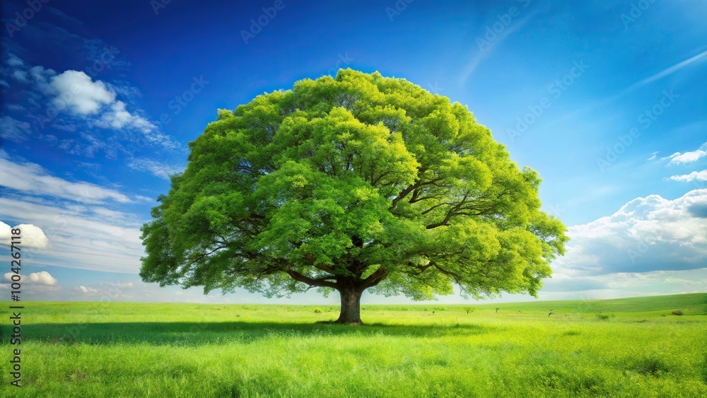 Obraz premium Peaceful spring meadow with large tree and vibrant green foliage