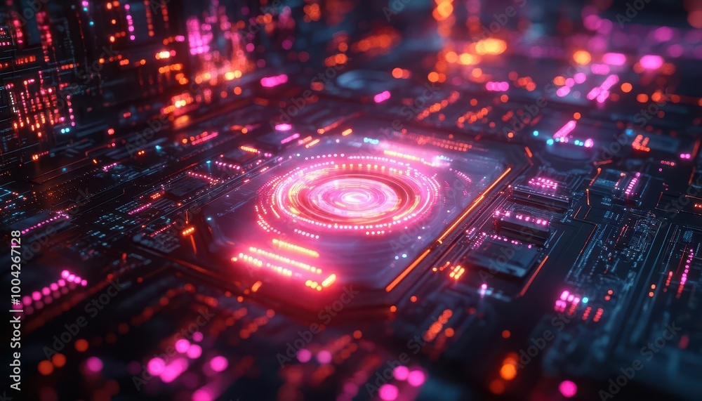 Fototapeta premium Quantum computing visualized with glowing holographic data and neon-lit interfaces Futuristic Hologram High Detail