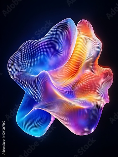 Abstract colorful wave pattern with dynamic fluid shapes on a dark background. A minimalist poster in metallic and chrome gradient style.