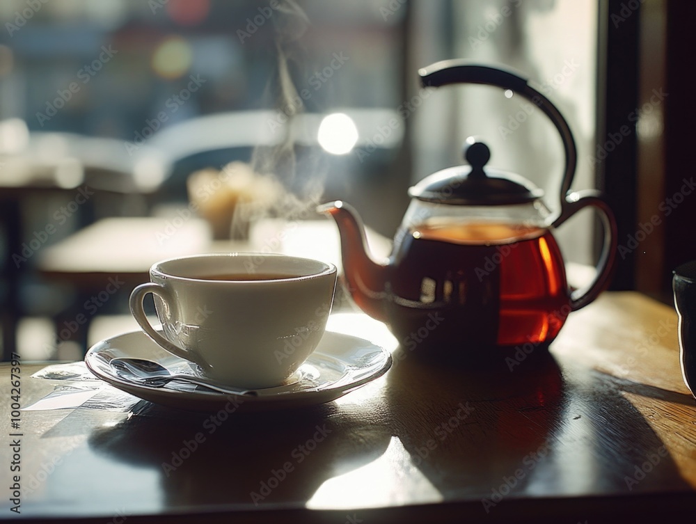 A hot cup of tea on a table, evoking a sense of calm and relaxation. The steam rising from the mug creates an inviting atmosphere for enjoying a leisurely moment.