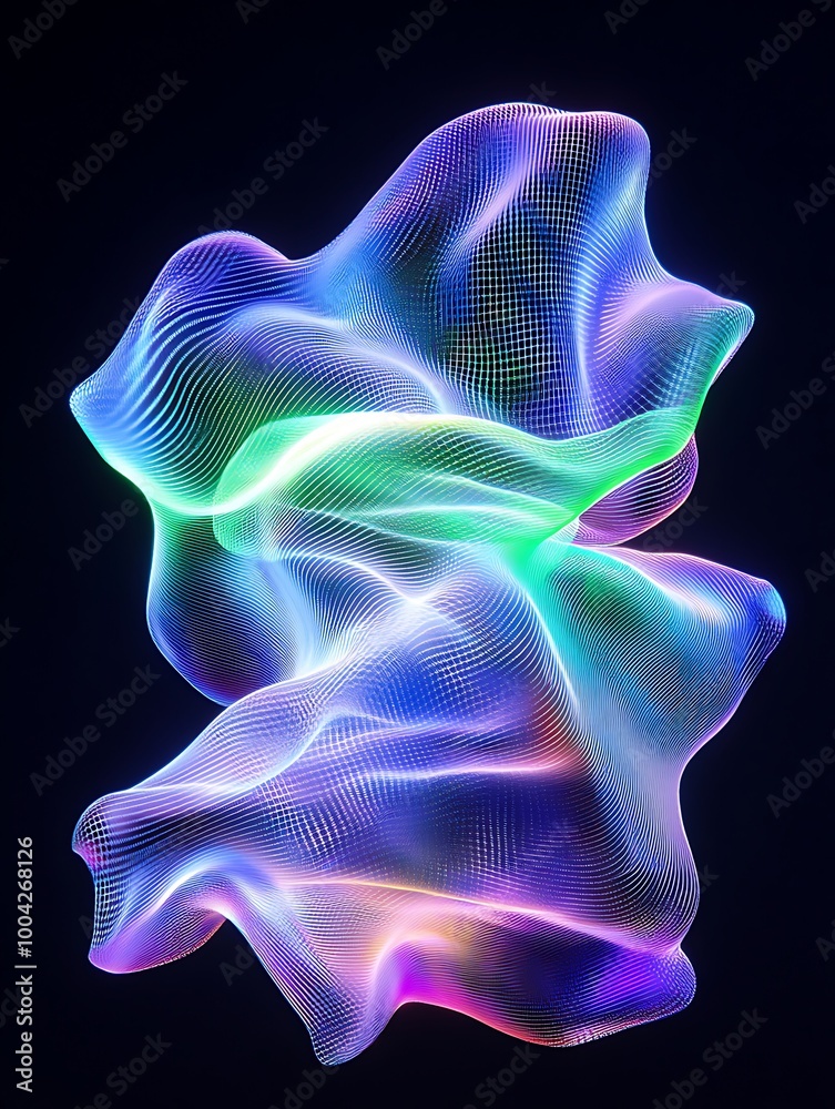 Abstract colorful wave patterns in vibrant hues, creating a stunning visual effect against a dark background. A minimalist poster in metallic and chrome gradient style. Abstract colorful wave patterns in vibrant hues, creating a stunning visual effect against a dark background. A minimalist poster in metallic and chrome gradient style.