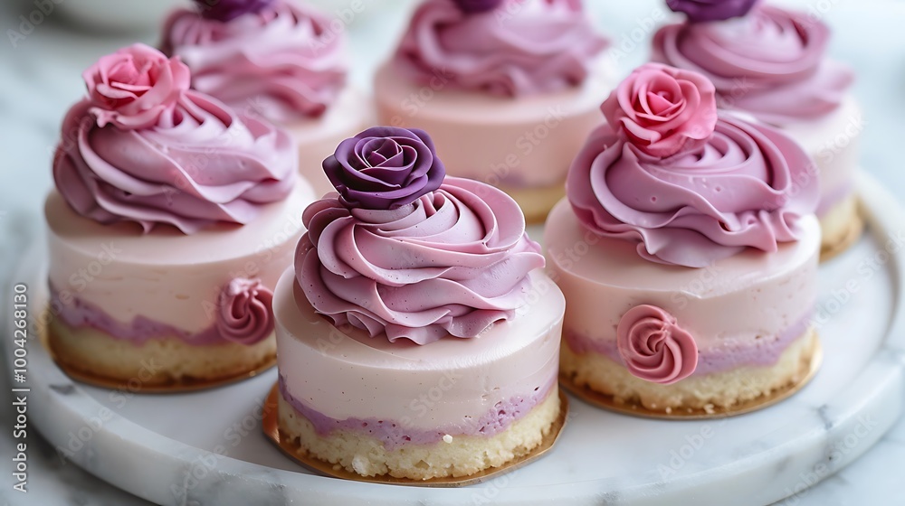 The marble plate is covered with an array six cake with pink rose tops and purple cream