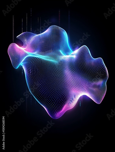 Abstract colorful wave shape on a black background, showcasing a blend of vibrant hues and flowing forms. A minimalist poster in metallic and chrome gradient style.