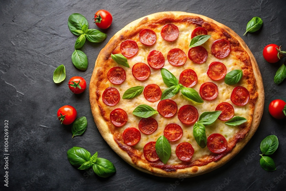 Pepperoni pizza with mozzarella cheese, tomatoes and basil on black background Pepperoni pizza with mozzarella cheese, tomatoes and basil on black background