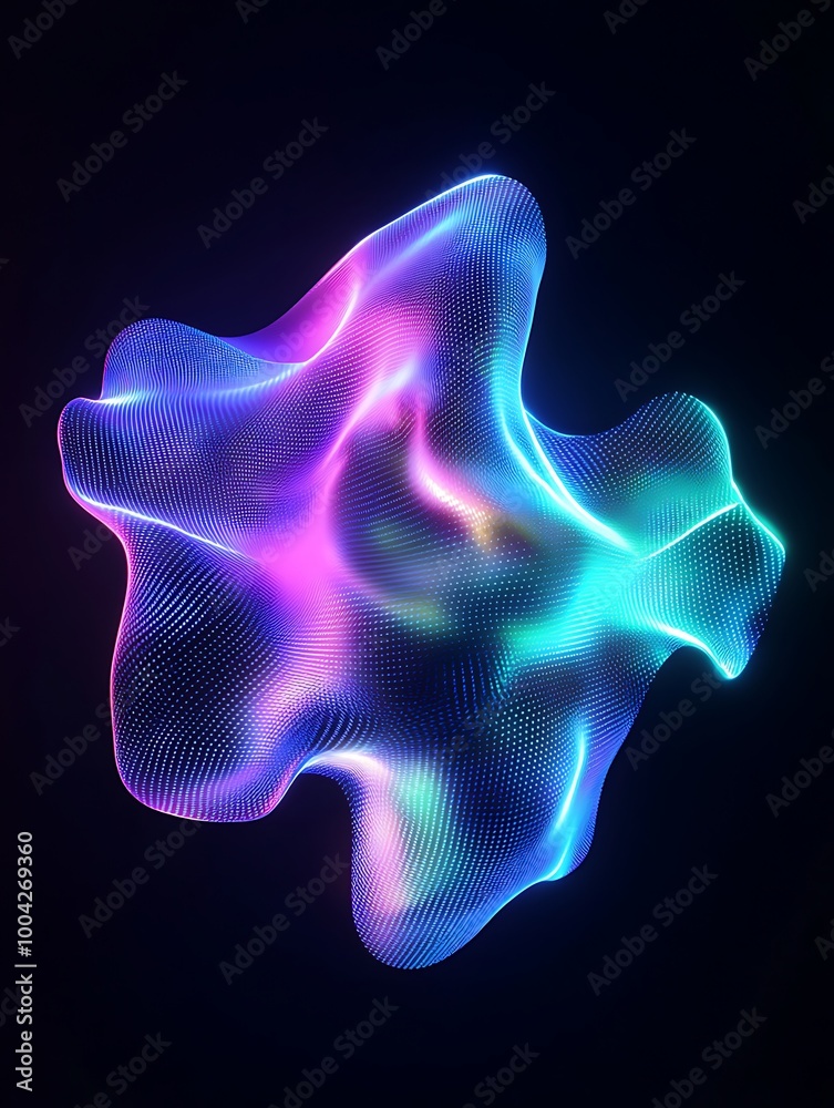 Abstract colorful wave shape, glowing with vibrant hues of purple, blue, and green against a dark background. A minimalist poster in metallic and chrome gradient style. Abstract colorful wave shape, glowing with vibrant hues of purple, blue, and green against a dark background. A minimalist poster in metallic and chrome gradient style.