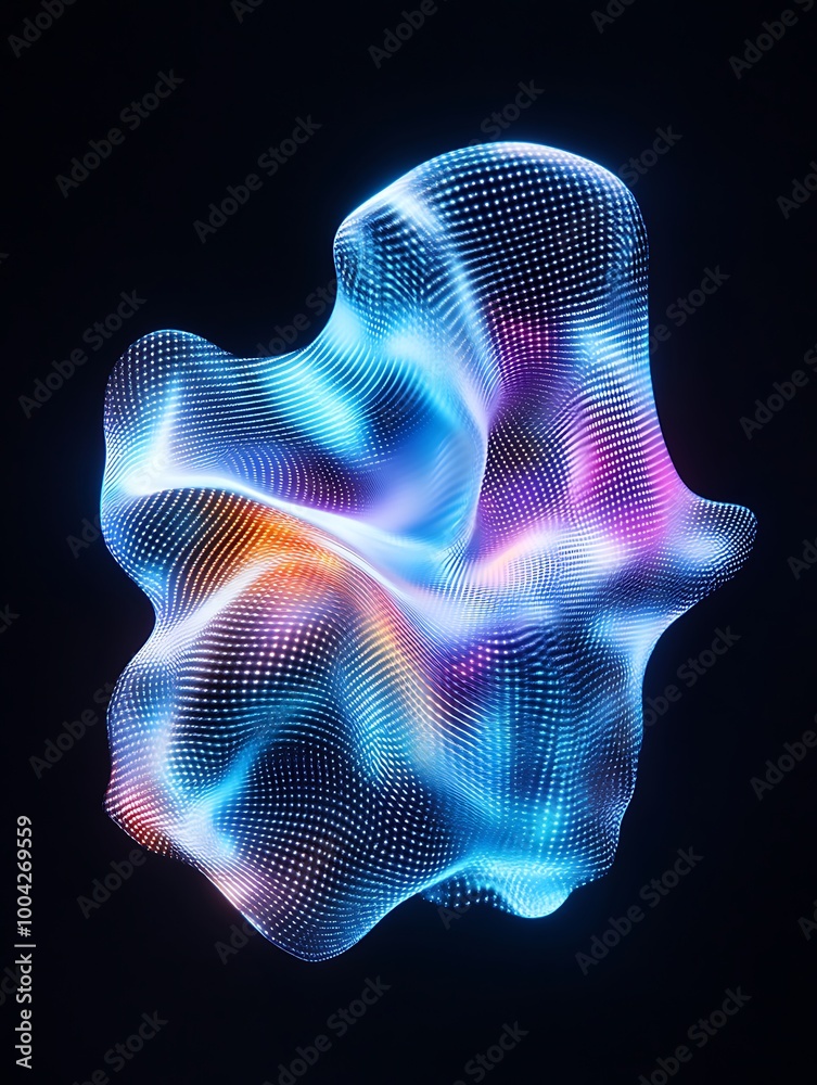 Abstract colorful wave structure with a mesh pattern on a dark background. A minimalist poster in metallic and chrome gradient style. Abstract colorful wave structure with a mesh pattern on a dark background. A minimalist poster in metallic and chrome gradient style.