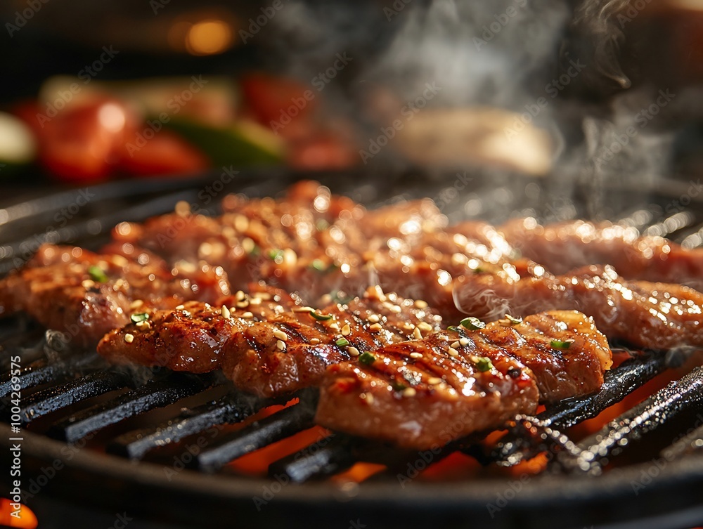 Close-up of marinated meat grilling on a hot grill. Close-up of marinated meat grilling on a hot grill.
