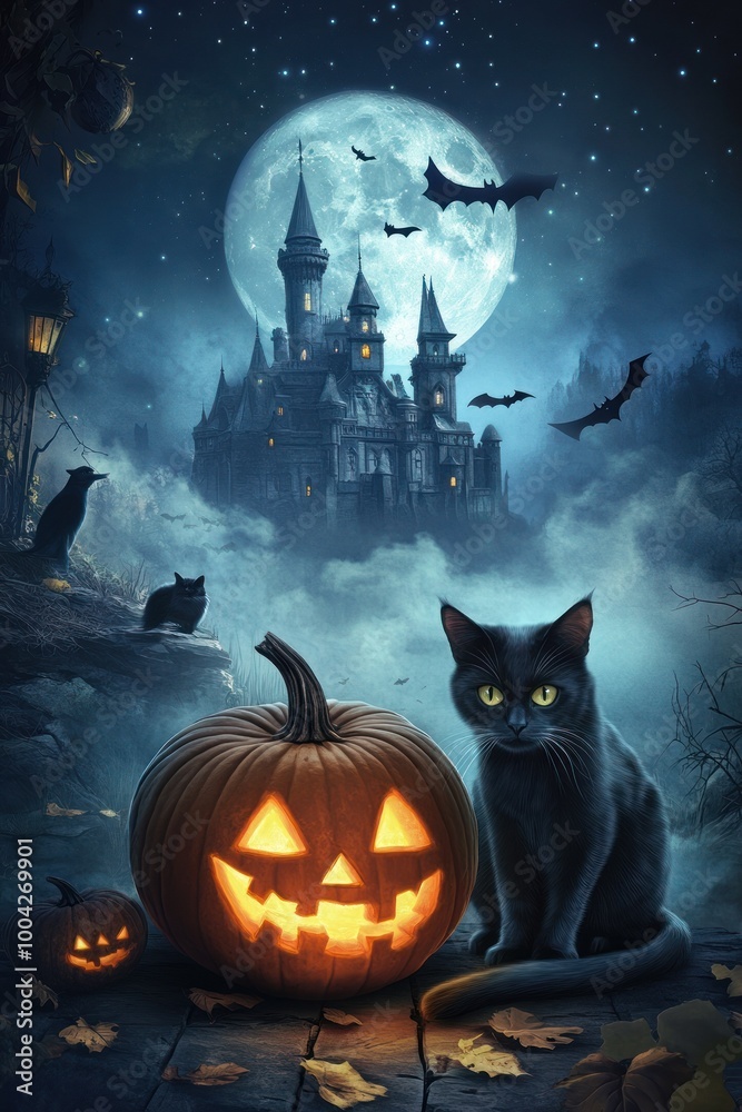 Black cat and pumpkin in eerie moonlit castle scene Black cat and pumpkin in eerie moonlit castle scene