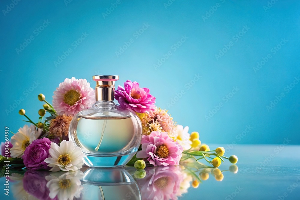 Perfume bottle decorated with flowers on blue background, worm's eye view Perfume bottle decorated with flowers on blue background, worm's eye view