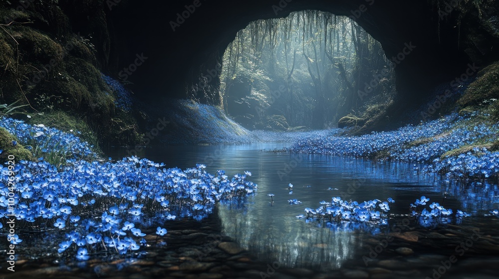 Serene forest scene with blue flowers and tranquil water reflections. Serene forest scene with blue flowers and tranquil water reflections.