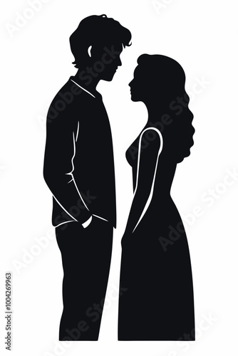 A clean silhouette of a couple standing close together, facing each other in a relaxed, intimate pose. The man has his hands in his pockets while the woman stands slightly turned toward him, with soft