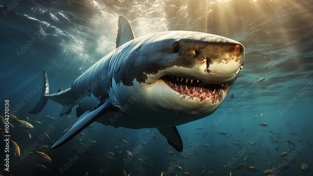 Naklejka premium Great White Shark Swimming in Ocean