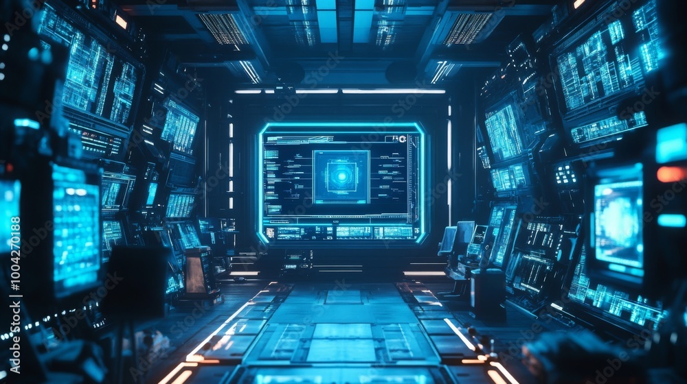 A futuristic control room filled with glowing blue screens and advanced technology, creating a high-tech atmosphere. A futuristic control room filled with glowing blue screens and advanced technology, creating a high-tech atmosphere.