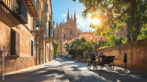 The Palma de Mallorca Cathedral, also known as La Seu, is seen from a sunlit street in Mallorca, Spain, with a horse-drawn carriage in the foreground