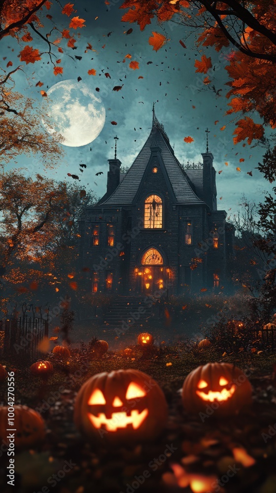 Gothic mansion under full moon with carved pumpkins around Gothic mansion under full moon with carved pumpkins around