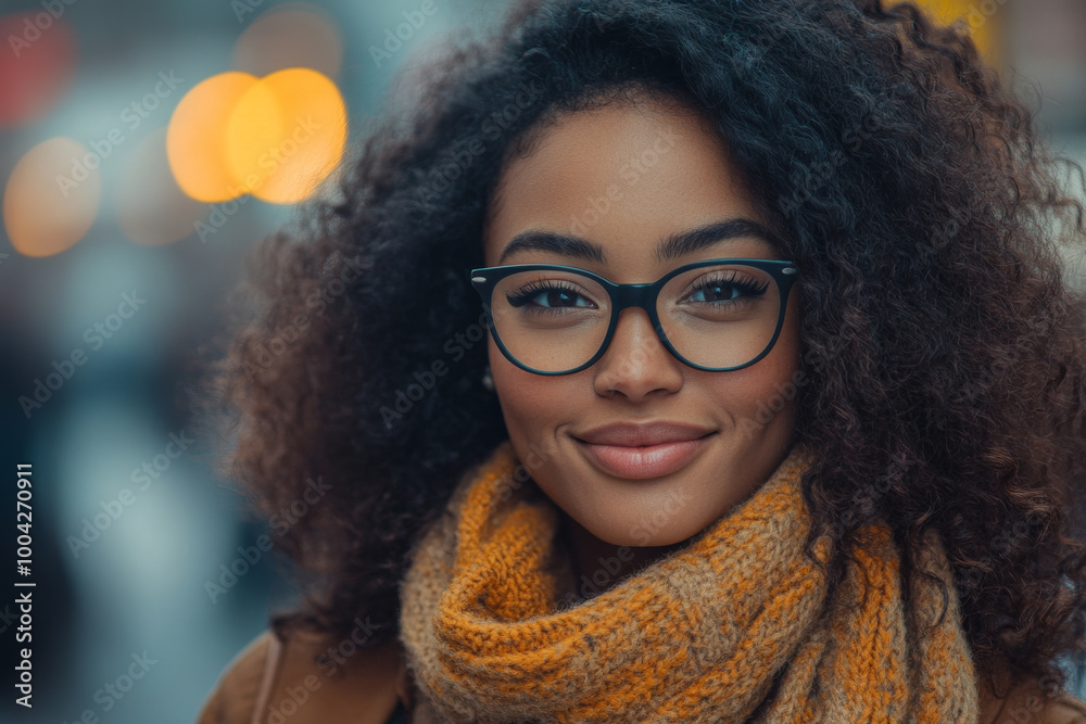 A woman with curly hair and glasses is smiling A woman with curly hair and glasses is smiling
