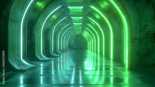 Green Neon Lights Futuristic Corridor 3D Illustration