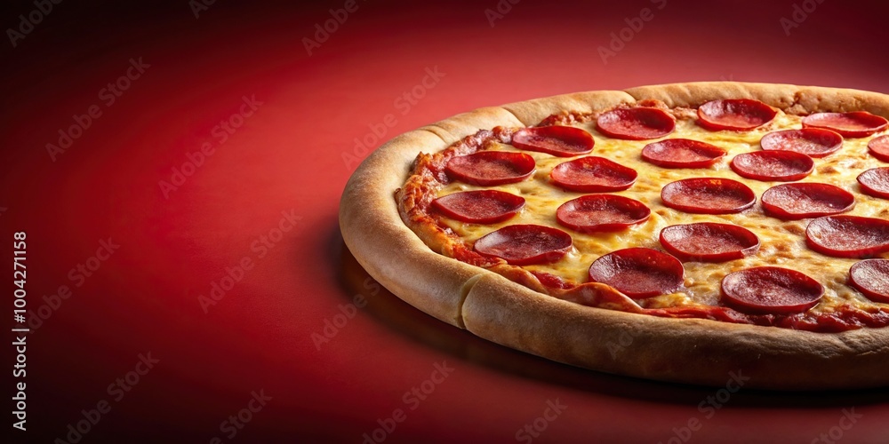 Photo of a delicious pepperoni pizza topped with cheese on a red background, captured in a long shot Photo of a delicious pepperoni pizza topped with cheese on a red background, captured in a long shot