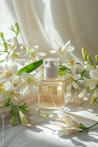 A bottle of perfume and a sprig of tuberose in the sun's rays