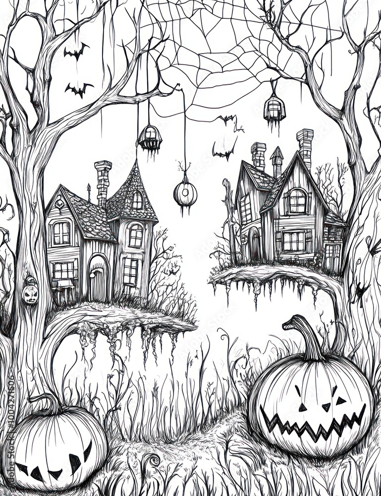 Gothic houses and pumpkins with hanging decorations Gothic houses and pumpkins with hanging decorations