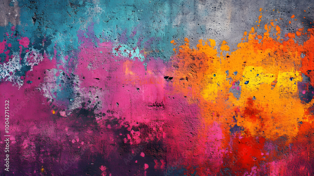 Obraz premium Vibrant Colorful Graffiti Texture, A vibrant abstract graffiti texture featuring splashes of bold colors like pink, orange, and teal.