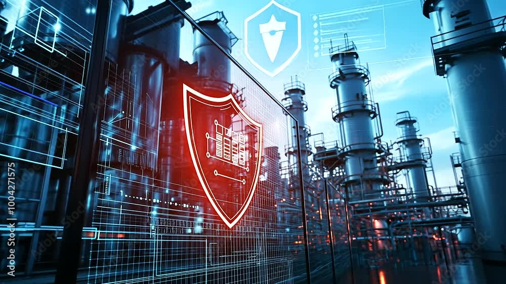 A chemical plant surrounded by security fencing, with a digital shield hovering above, symbolizing the defense of vital infrastructure from cyber attacks