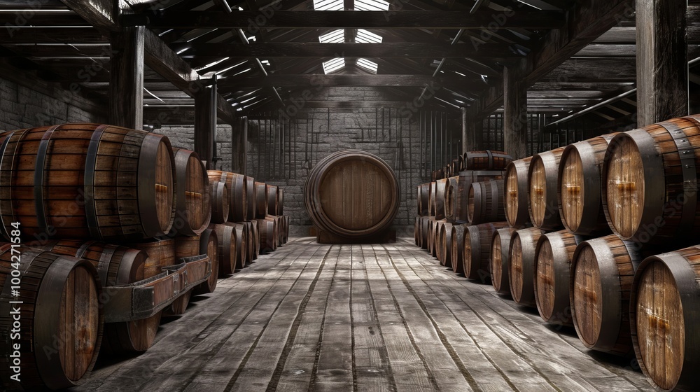 Whiskey, bourbon, scotch barrels in a row, a large warehouse facility. Whiskey, bourbon, scotch barrels in a row, a large warehouse facility.