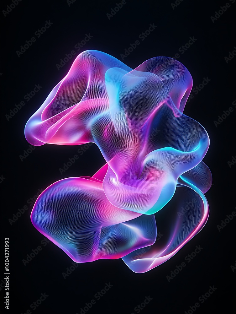 Abstract colorful wavy shapes in vibrant hues of pink, blue, and purple against a dark background. A minimalist poster in metallic and chrome gradient style.