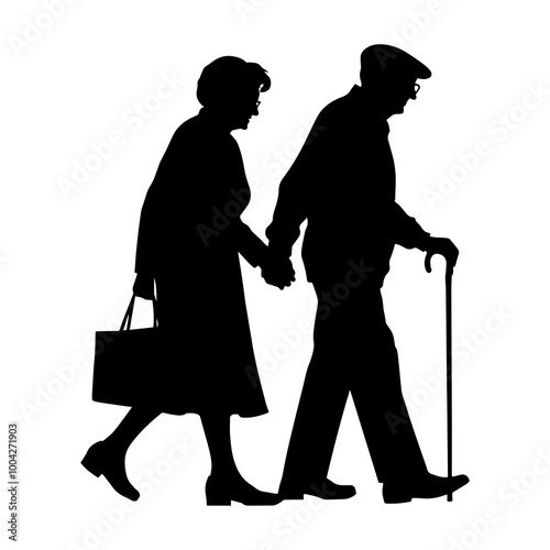 Vector illustration. Minimalism. Silhouette couple man and woman. Pensioners. Old men. An elderly couple.	
