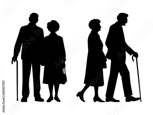 Vector illustration. An elderly couple of pensioners. A large set of people.	