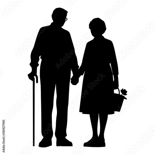 Vector illustration. Minimalism. Silhouette couple man and woman. Pensioners. Old men. An elderly couple.	
