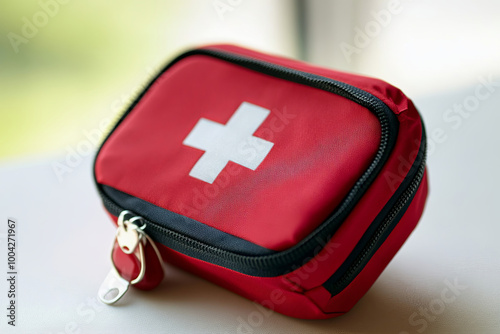 Travel-sized first aid kit on a white surface photo