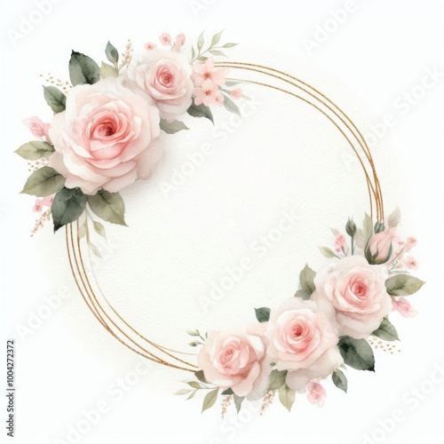 Elegant circular frame adorned with soft pink roses and delicate greenery accents.
