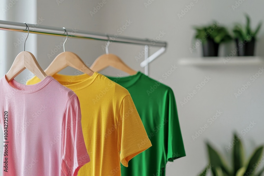Obraz premium Colorful t-shirts hanging on a rack, vibrant and stylish design