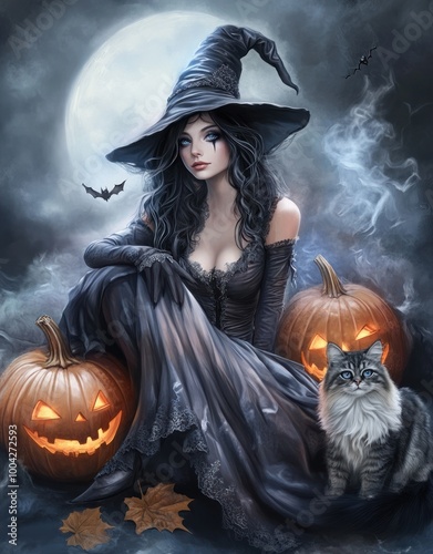 Mystical witch under moonlight with jack-o'-lanterns photo