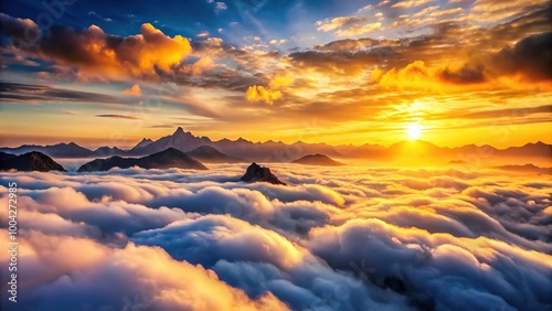 photo of mountains shrouded in clouds with a sunset in the background