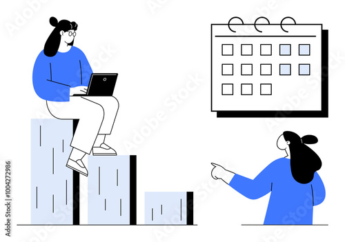 Woman working on a laptop while sitting on graph bars. Another person pointing at a calendar. Ideal for business growth, statistics, planning, scheduling, and data analysis. Minimalist vector style