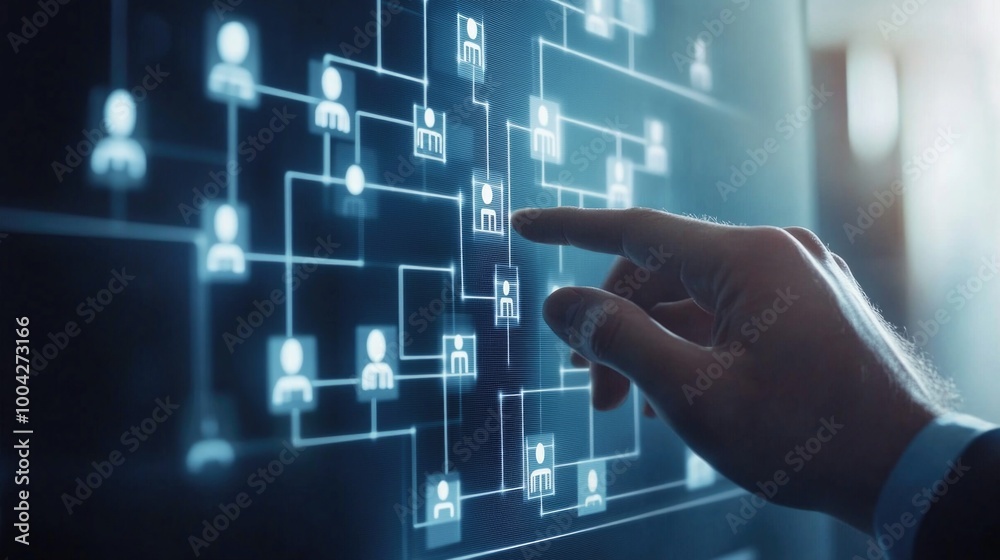 Hand pointing to network of people connected by lines on digital graphic interface. Data visualization concept. Hand pointing to network of people connected by lines on digital graphic interface. Data visualization concept.