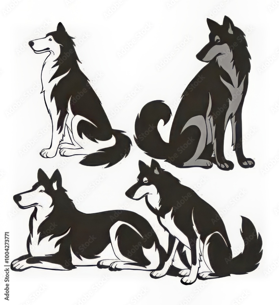 Four stylized illustrations of dogs in various poses and colors.