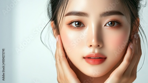 Close-up of a beautiful Asian woman with glowing skin, posing in a studio setting. Ideal for beauty, skincare, and cosmetics advertisements. High quality image for conceptual and promotional use. gene