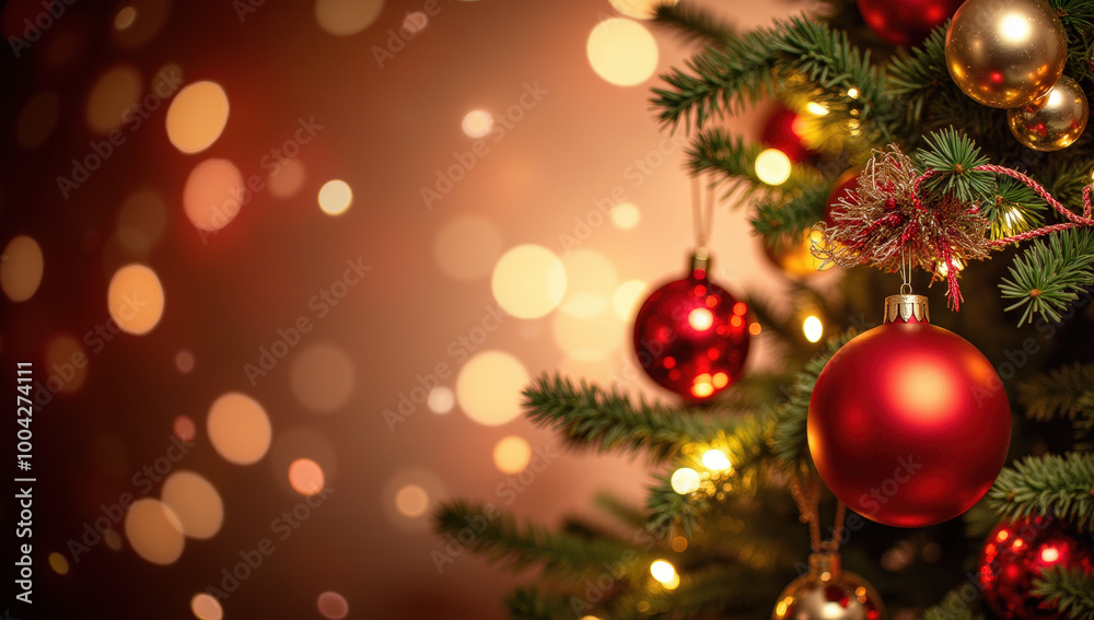 Decorated Christmas tree with sparkling ornaments and soft lights Decorated Christmas tree with sparkling ornaments and soft lights