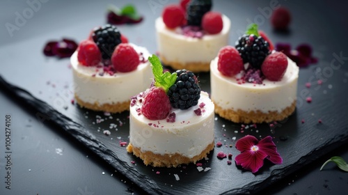 Three delicious fruit-topped ice cream cakes on a black slate plate, garnished with berries and mint.