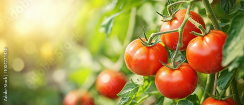 Fresh red tomatoes growing on a vine, illuminated by soft sunlight, surrounded by lush green leaves.