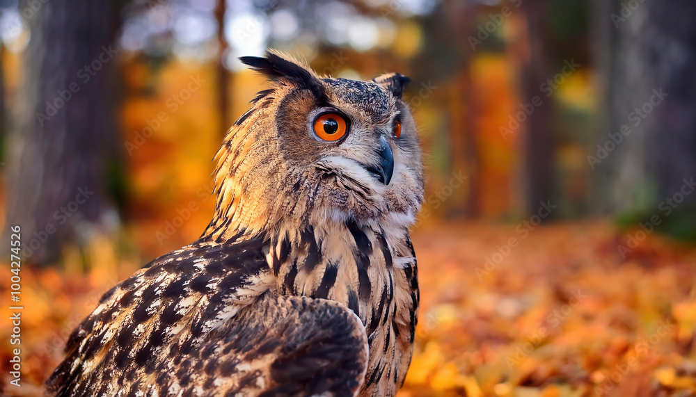 Eurasian Eagle Owl (Bubo bubo) in autumn forest Eurasian Eagle Owl (Bubo bubo) in autumn forest