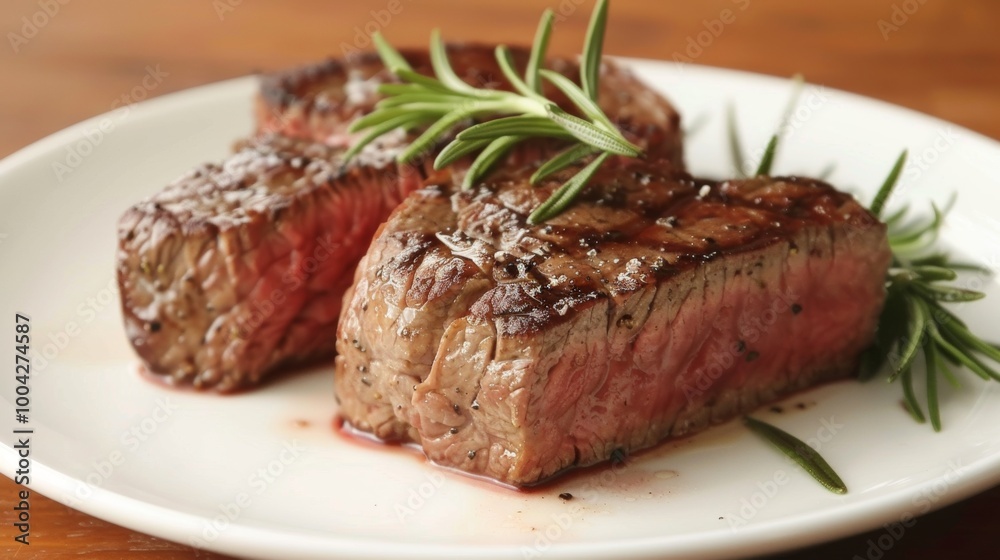 Juicy Grilled Steak Served on Plate with Fresh Rosemary and Thyme Garnish Juicy Grilled Steak Served on Plate with Fresh Rosemary and Thyme Garnish