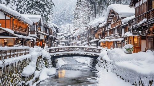 Winter scenery of the antique wooden buildings and historic Ryokan along the riverbanks and bridges over the stream in Ginzan Onsen, which is a famous hot spring town in Obanazawa, Yamagata, Japan