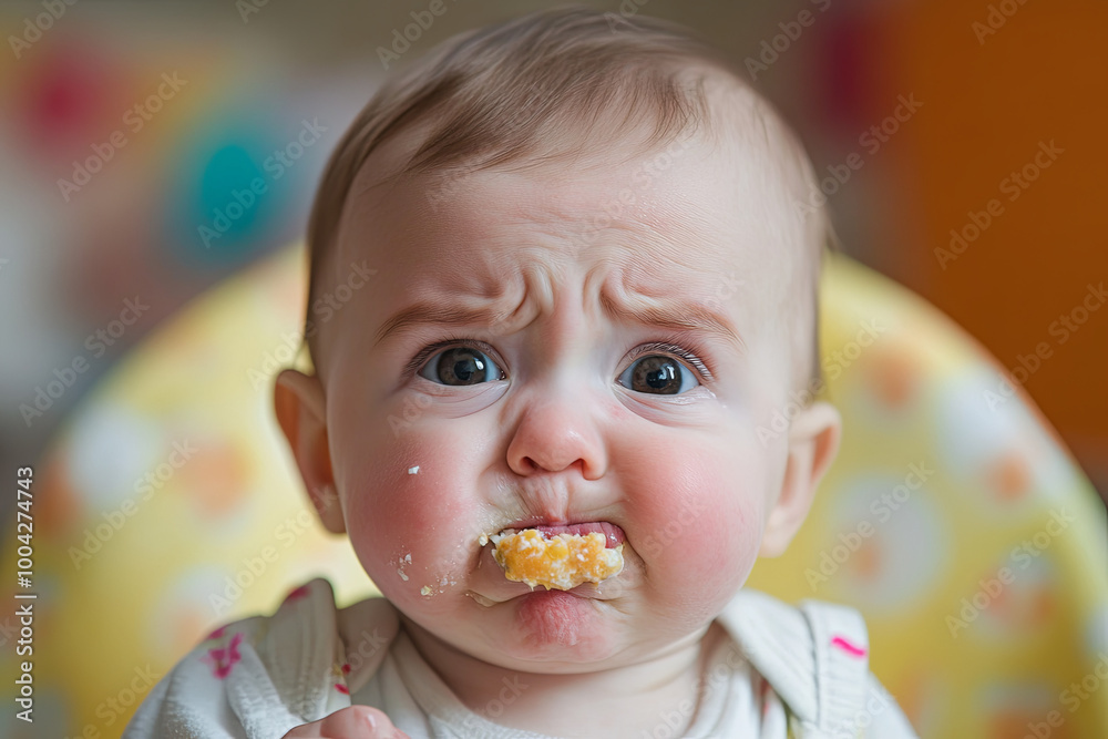 A baby making a funny face while eating A baby making a funny face while eating