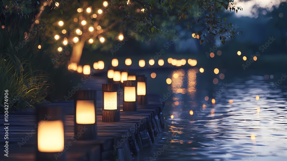 Tranquil evening by the water, illuminated by softly glowing lanterns.